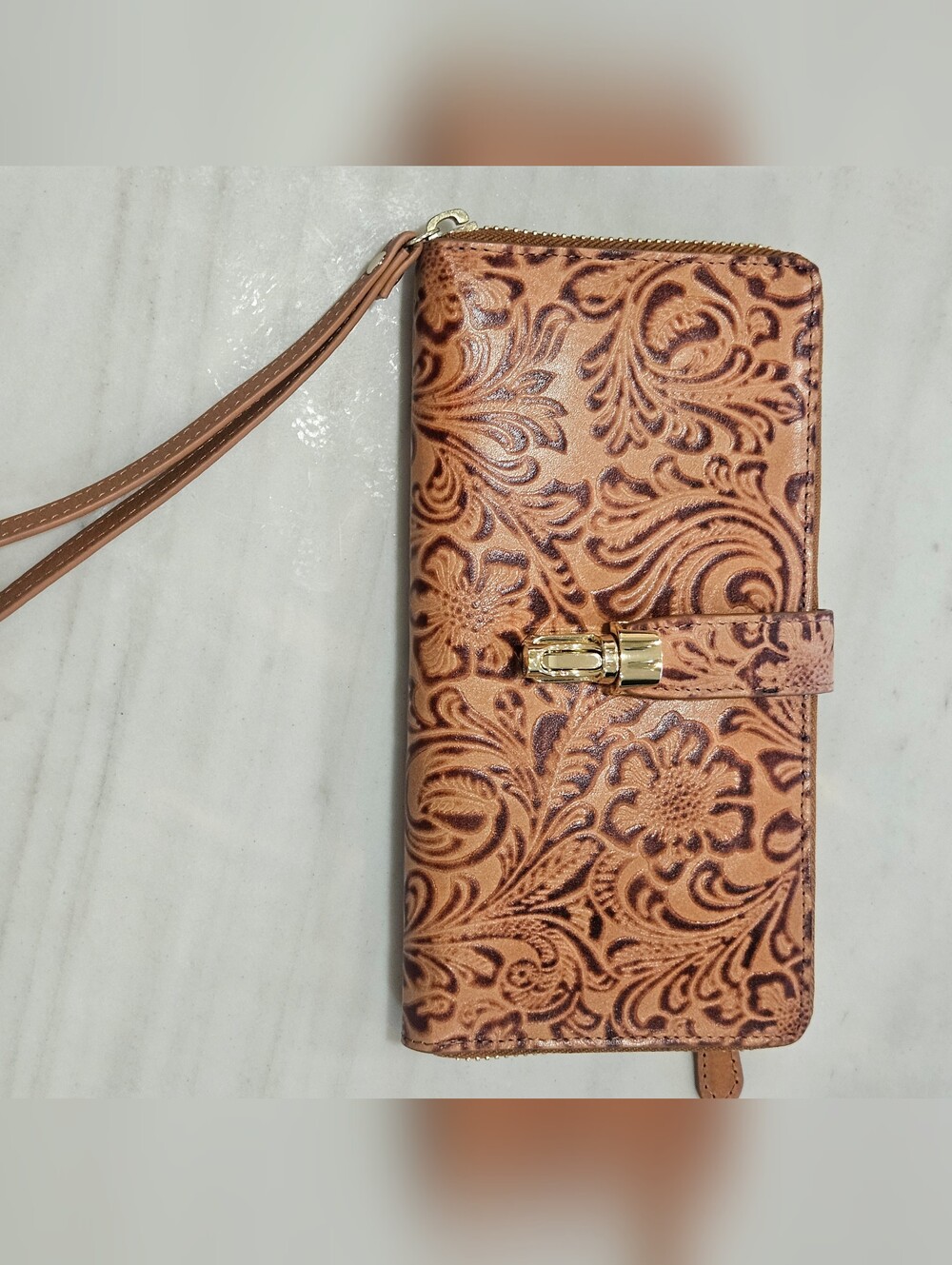 Floral Leather Wristlet Wallet in Brown Like New